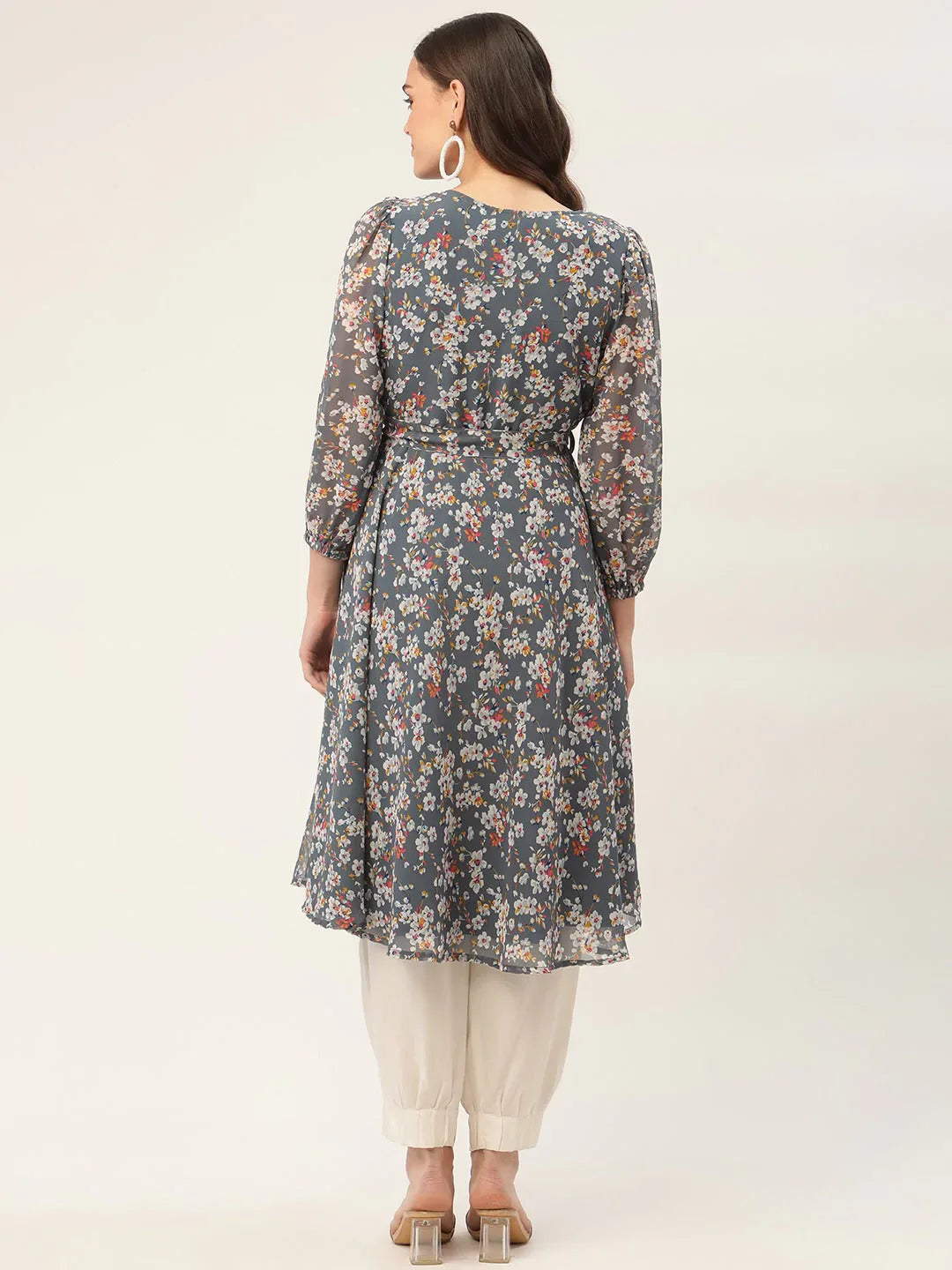 Jompers Women's Grey & White Georgette Floral Printed Kurta - Distacart