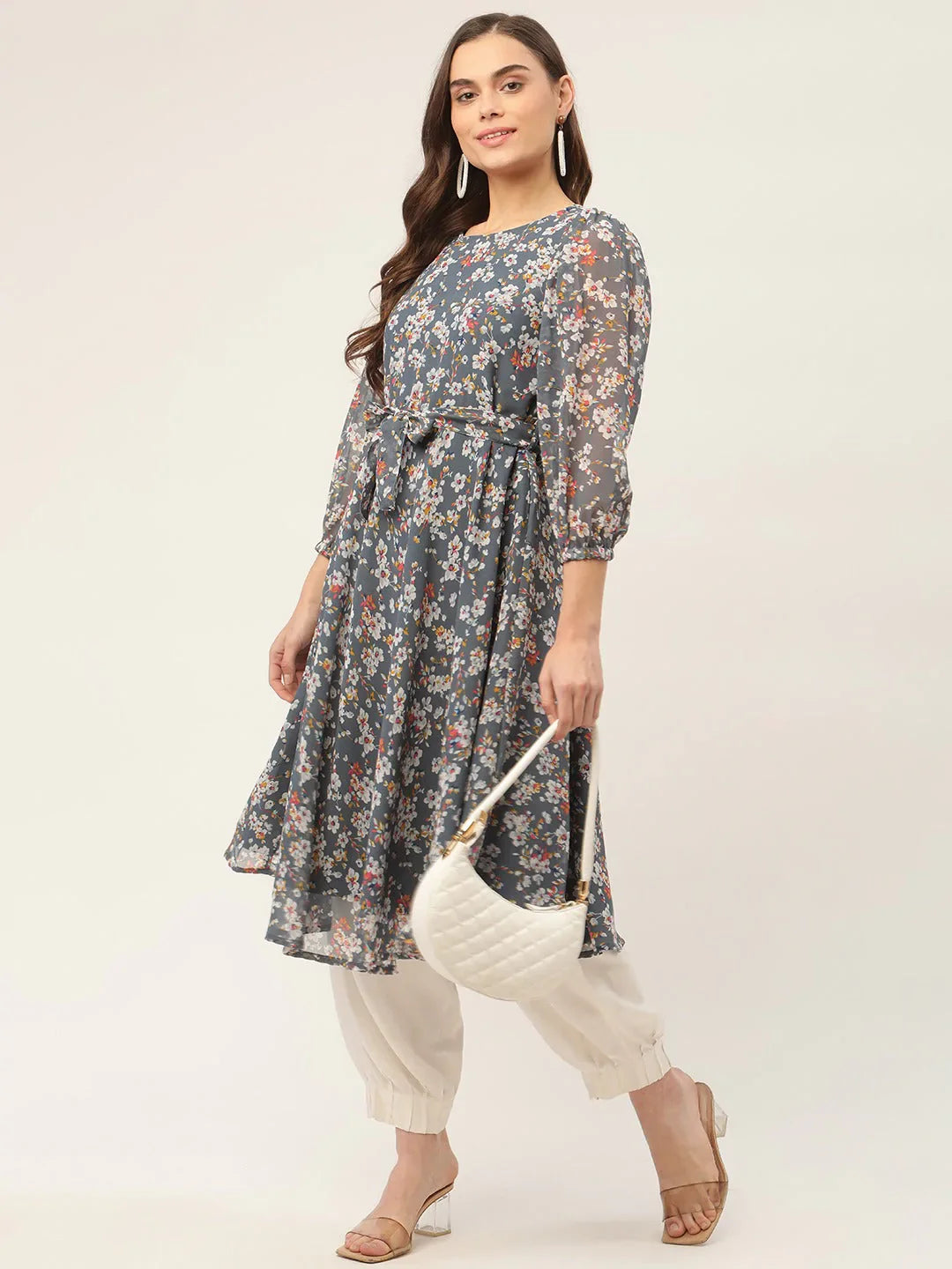 Jompers Women's Grey & White Georgette Floral Printed Kurta - Distacart