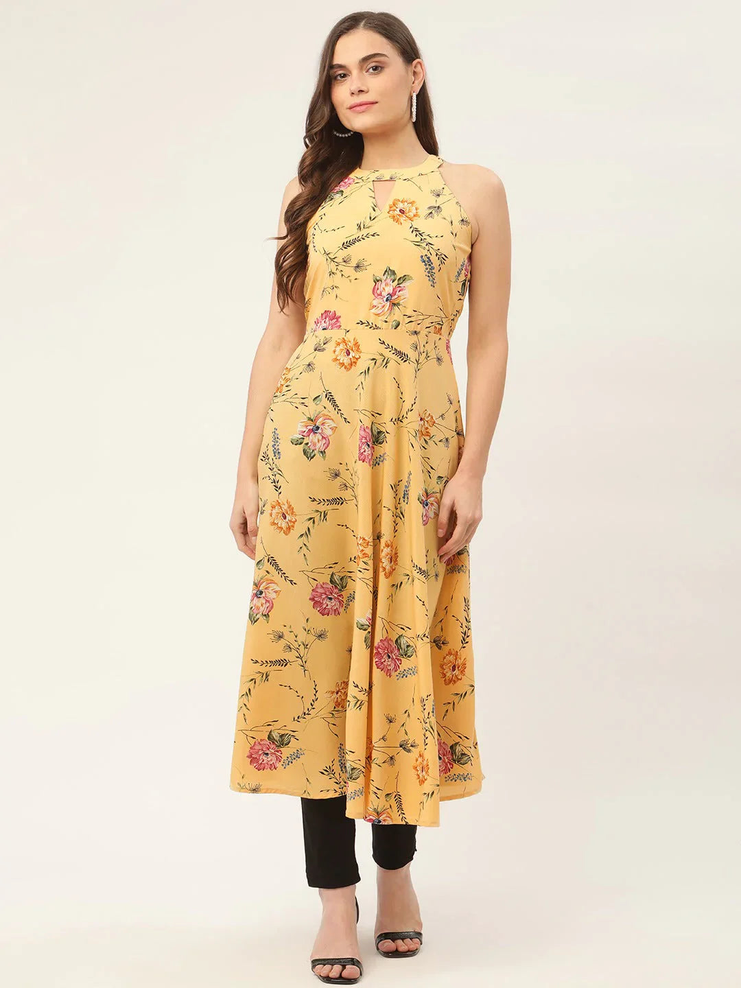 Jompers Women's Yellow & Pink Floral Printed Halter Neck Kurta - Distacart