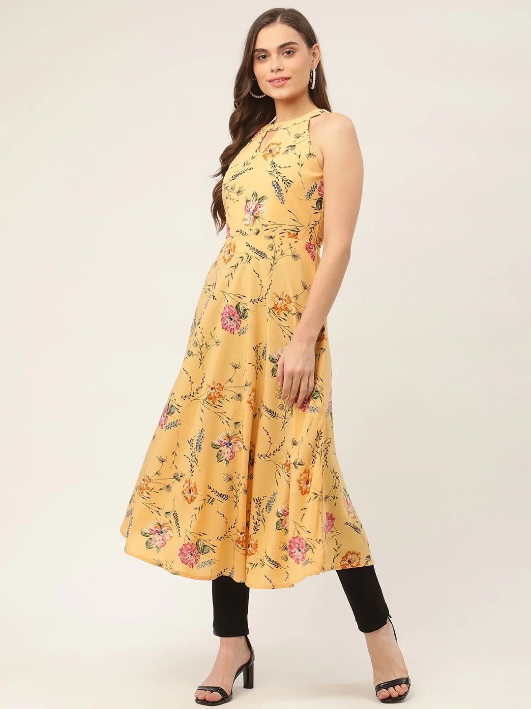 Jompers Women's Yellow & Pink Floral Printed Halter Neck Kurta - Distacart