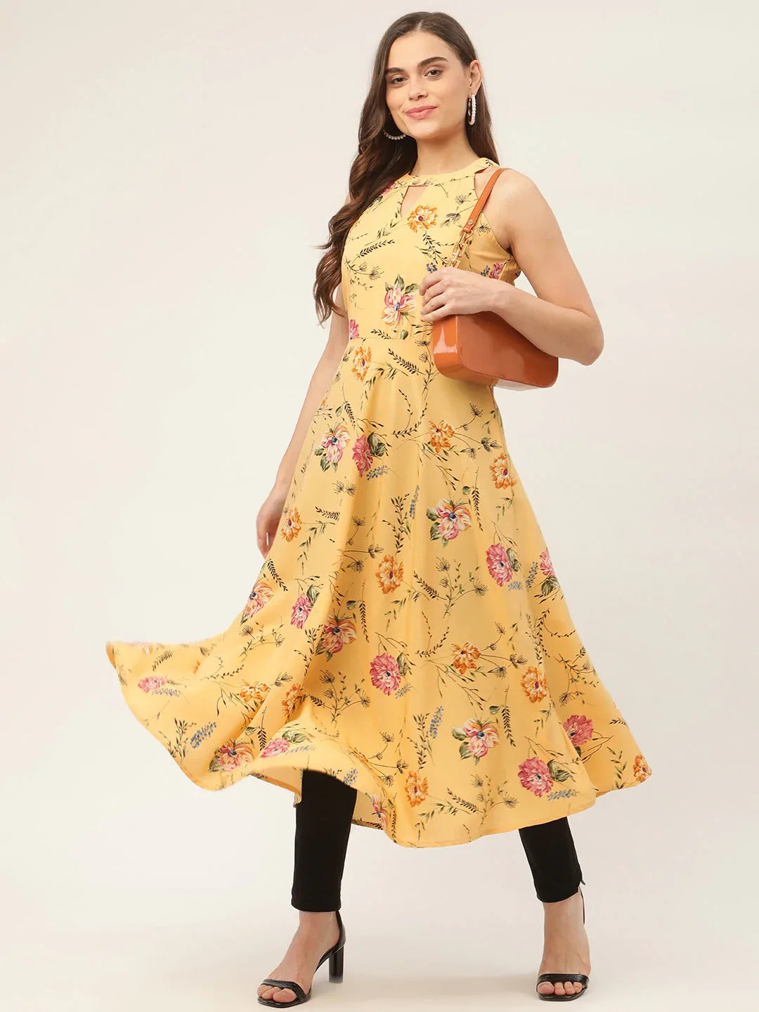 Jompers Women's Yellow & Pink Floral Printed Halter Neck Kurta - Distacart