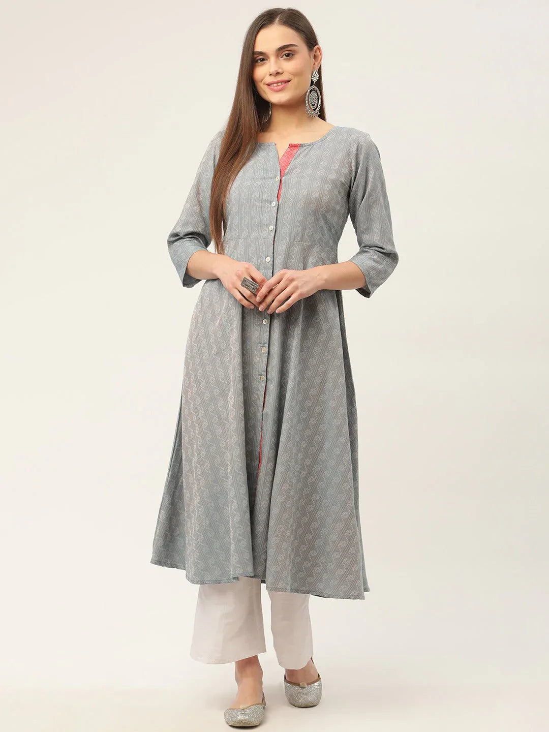 Jompers Women's Grey & Red Cotton Jacquard Geometric Printed Kurta - Distacart
