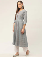 Thumbnail for Jompers Women's Grey & Red Cotton Jacquard Geometric Printed Kurta - Distacart