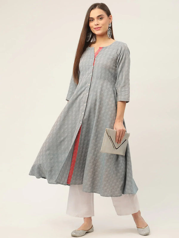 Jompers Women's Grey & Red Cotton Jacquard Geometric Printed Kurta - Distacart