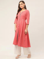 Thumbnail for Jompers Women's Red & Grey Cotton Jacquard Geometric Printed Kurta - Distacart