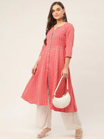 Thumbnail for Jompers Women's Red & Grey Cotton Jacquard Geometric Printed Kurta - Distacart