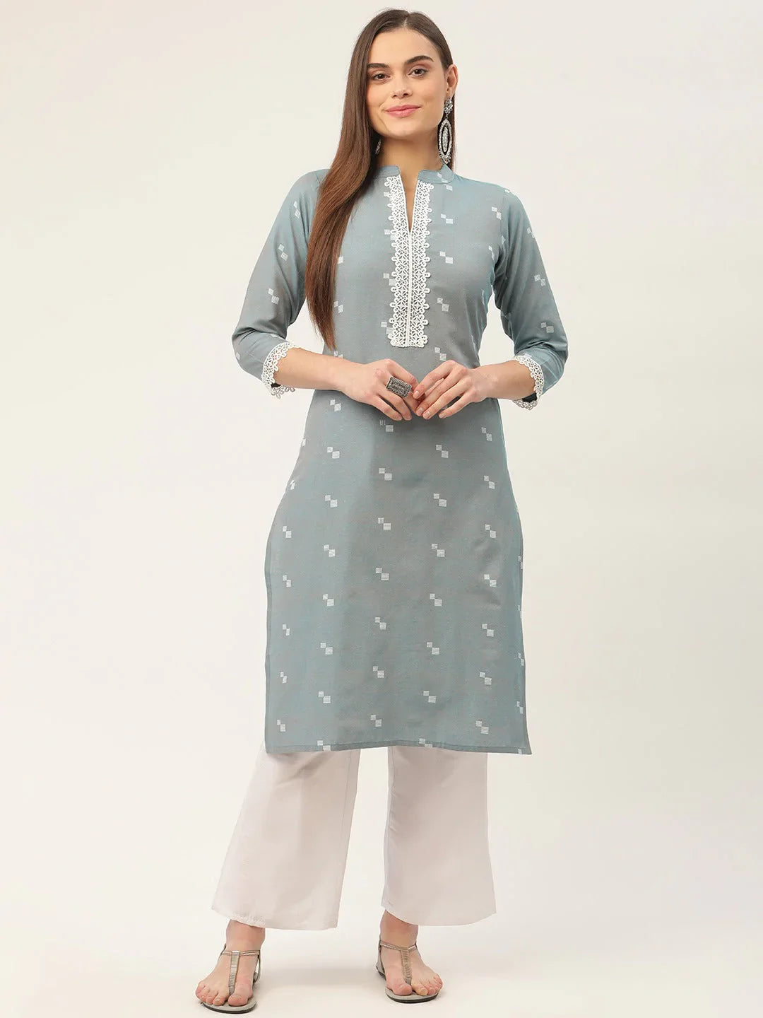 Jompers Women's Grey Cotton Jacquard Geometric Printed Kurta - Distacart