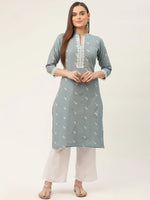 Thumbnail for Jompers Women's Grey Cotton Jacquard Geometric Printed Kurta - Distacart