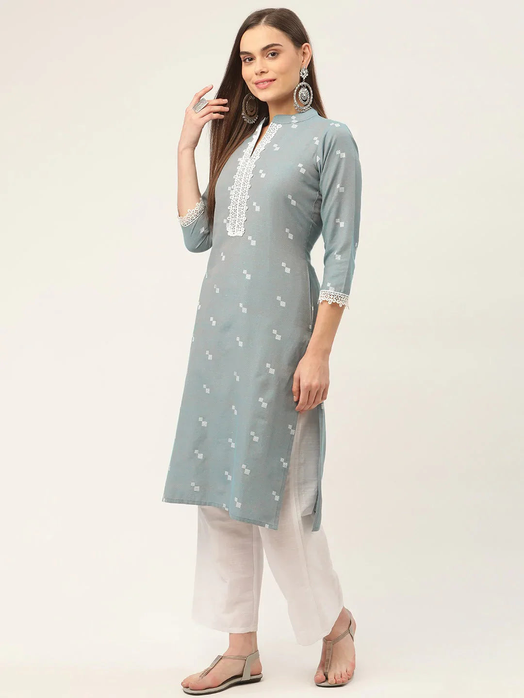 Jompers Women's Grey Cotton Jacquard Geometric Printed Kurta - Distacart
