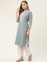 Thumbnail for Jompers Women's Grey Cotton Jacquard Geometric Printed Kurta - Distacart