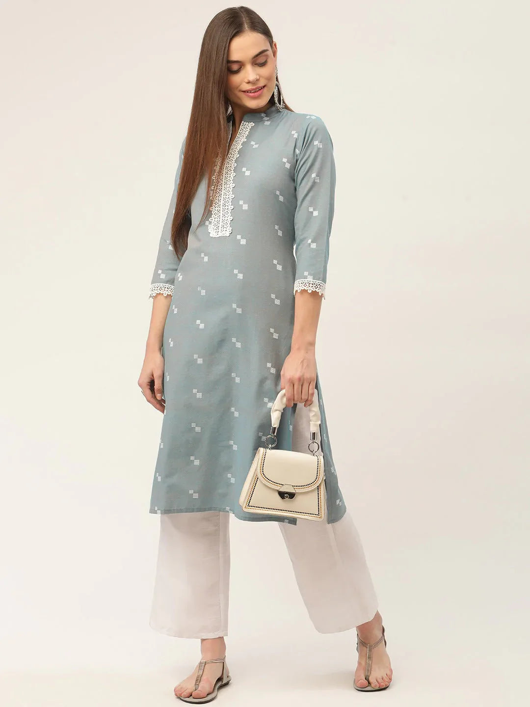 Jompers Women's Grey Cotton Jacquard Geometric Printed Kurta - Distacart