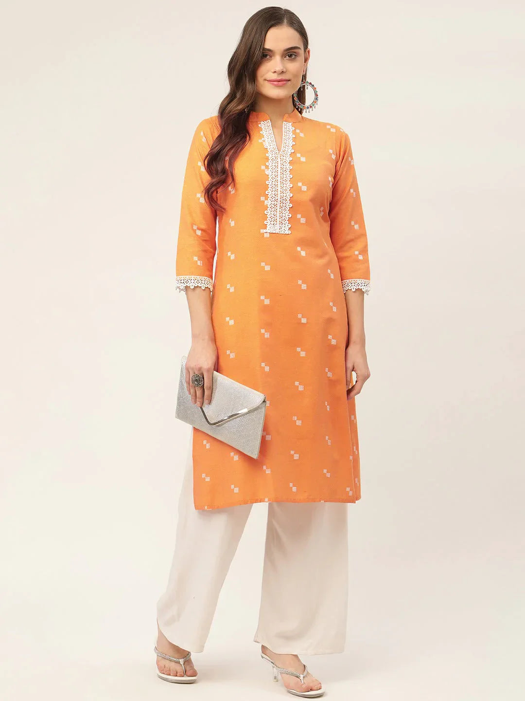 Jompers Women's Orange Cotton Jacquard Geometric Printed Kurta - Distacart