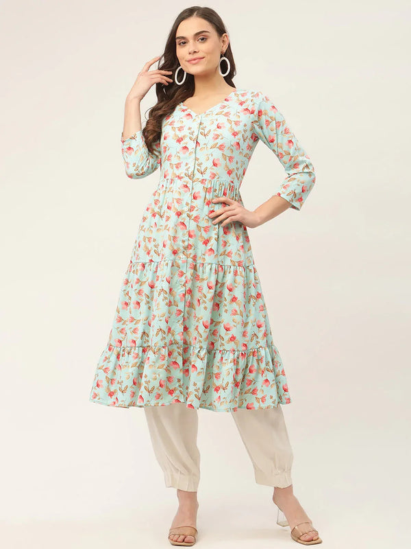 Jompers Women's Sky Blue Floral Printed Kurta - Distacart