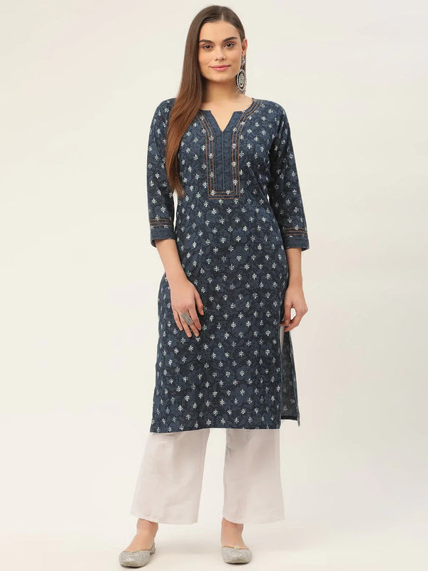 Jompers Women's Indigo Blue Pure Cotton Floral Printed Kurta - Distacart