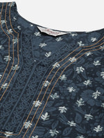 Thumbnail for Jompers Women's Indigo Blue Pure Cotton Floral Printed Kurta - Distacart