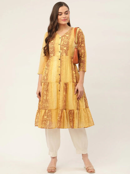 Jompers Women's Mustard Georgette Tiger Printed Kurta - Distacart
