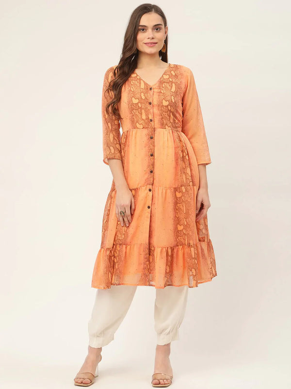 Jompers Women's Orange Georgette Tiger Printed Kurta - Distacart
