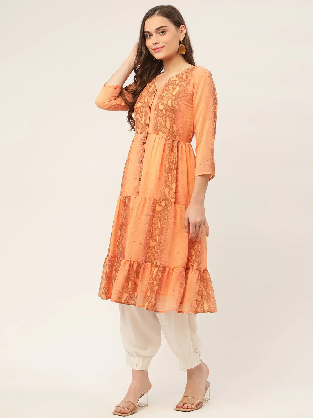 Jompers Women's Orange Georgette Tiger Printed Kurta - Distacart