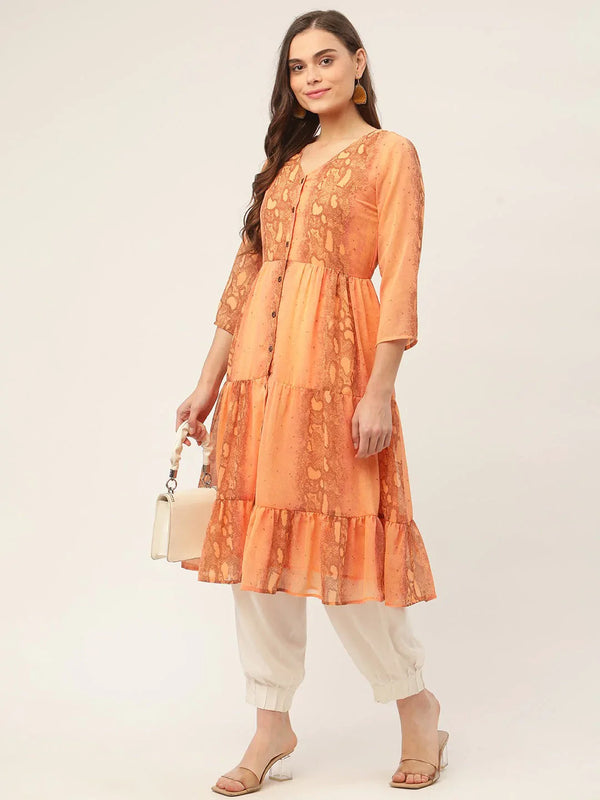 Jompers Women's Orange Georgette Tiger Printed Kurta - Distacart