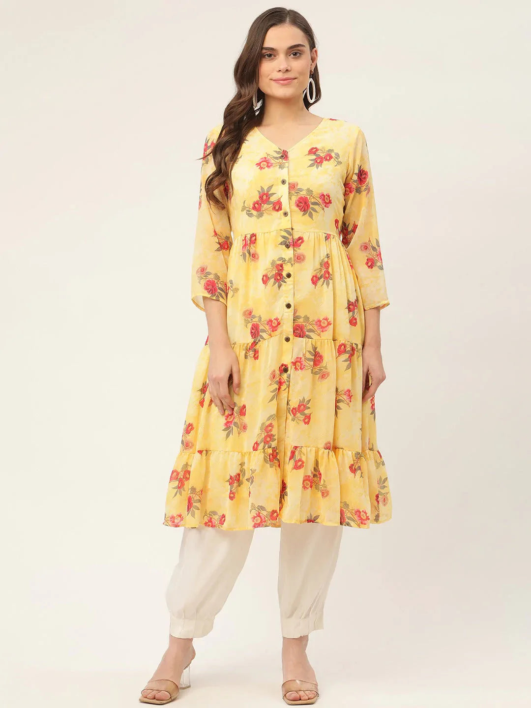 Jompers Women's Yellow Georgette Floral Printed Kurta - Distacart