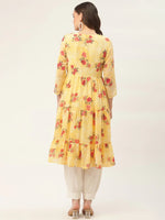 Thumbnail for Jompers Women's Yellow Georgette Floral Printed Kurta - Distacart