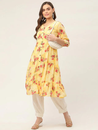 Jompers Women's Yellow Georgette Floral Printed Kurta - Distacart