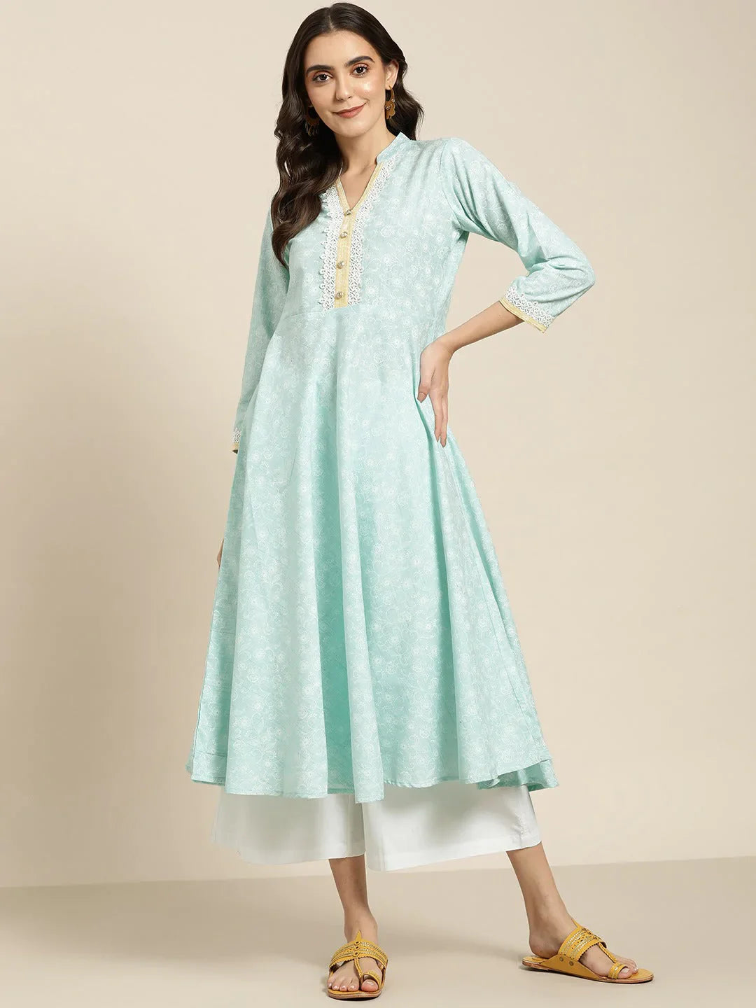 Jompers Women's Blue & White Ethnic Motifs Printed Lace Detail Anarkali Kurta - Distacart