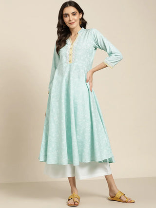 Jompers Women's Blue & White Ethnic Motifs Printed Lace Detail Anarkali Kurta - Distacart