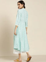 Thumbnail for Jompers Women's Blue & White Ethnic Motifs Printed Lace Detail Anarkali Kurta - Distacart