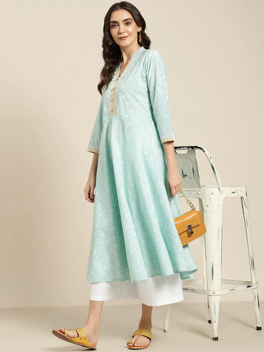 Jompers Women's Blue & White Ethnic Motifs Printed Lace Detail Anarkali Kurta - Distacart