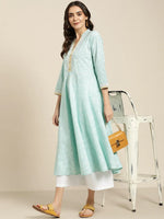 Thumbnail for Jompers Women's Blue & White Ethnic Motifs Printed Lace Detail Anarkali Kurta - Distacart