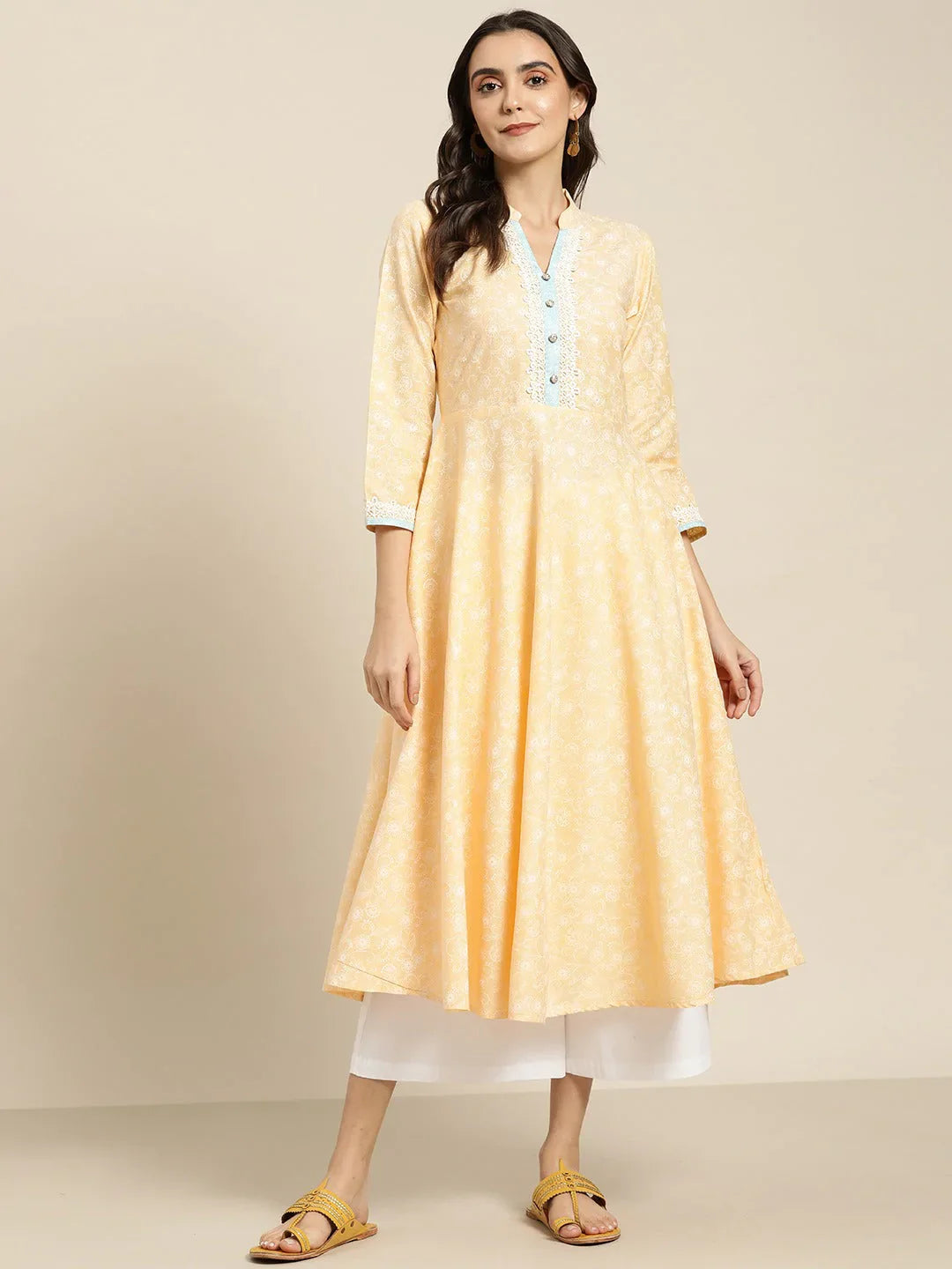 Jompers Women's Yellow & White Ethnic Motifs Printed Lace Detail Anarkali Kurta - Distacart