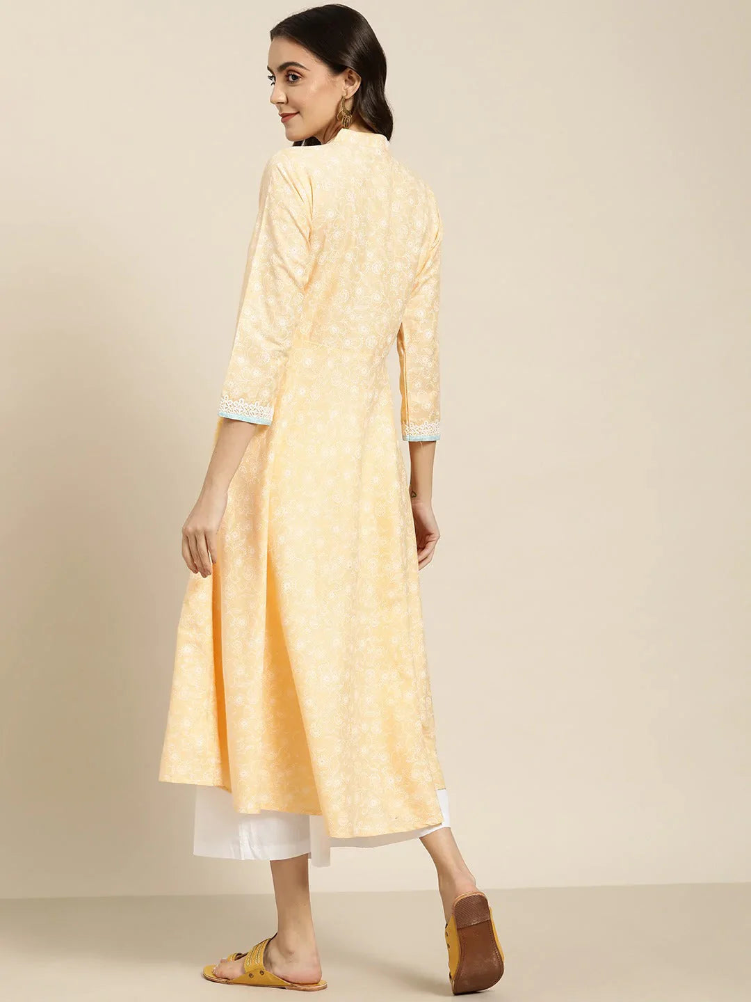 Jompers Women's Yellow & White Ethnic Motifs Printed Lace Detail Anarkali Kurta - Distacart