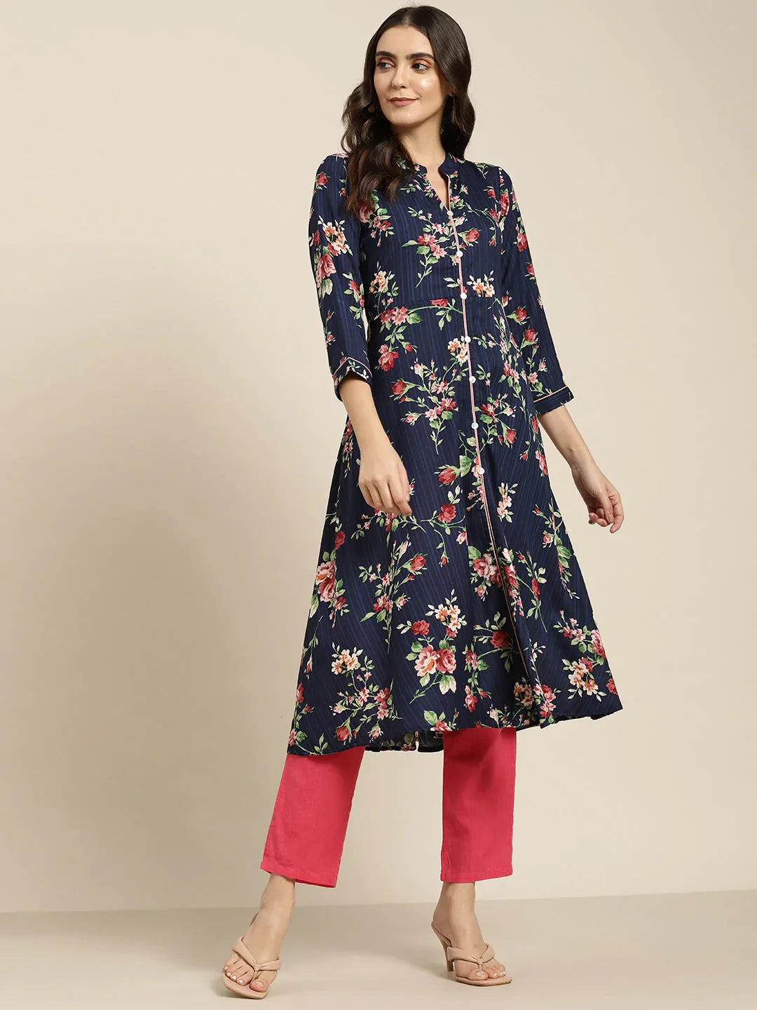 Jompers Women's Blue & Pink Floral Printed Floral Georgette Anarkali Kurta - Distacart