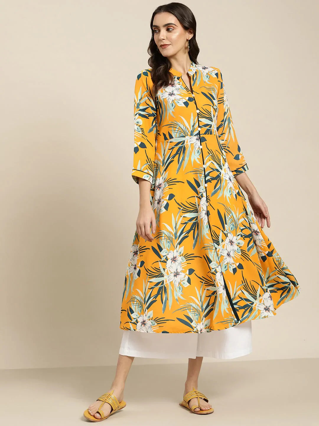 Jompers Women's Yellow & Teal Blue Floral Printed Floral Georgette Anarkali Kurta - Distacart