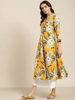 Thumbnail for Jompers Women's Yellow & Teal Blue Floral Printed Floral Georgette Anarkali Kurta - Distacart