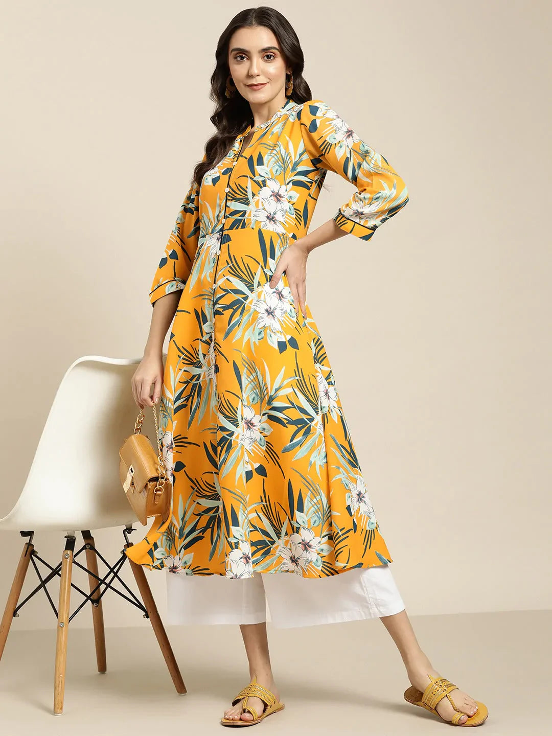 Jompers Women's Yellow & Teal Blue Floral Printed Floral Georgette Anarkali Kurta - Distacart