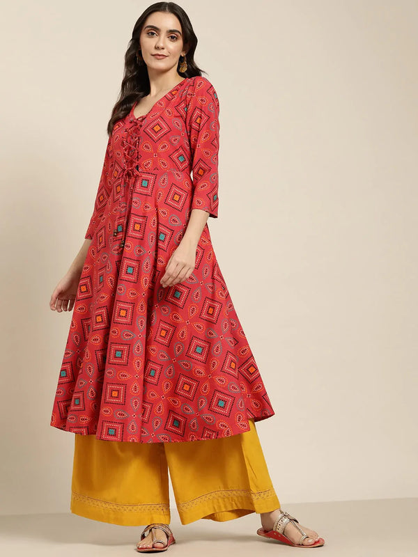 Jompers Women's Red Bandhani Printed Anarkali Kurta - Distacart