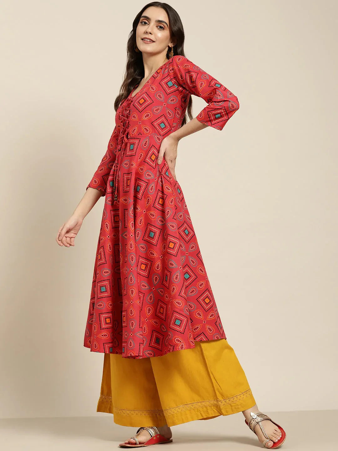 Jompers Women's Red Bandhani Printed Anarkali Kurta - Distacart