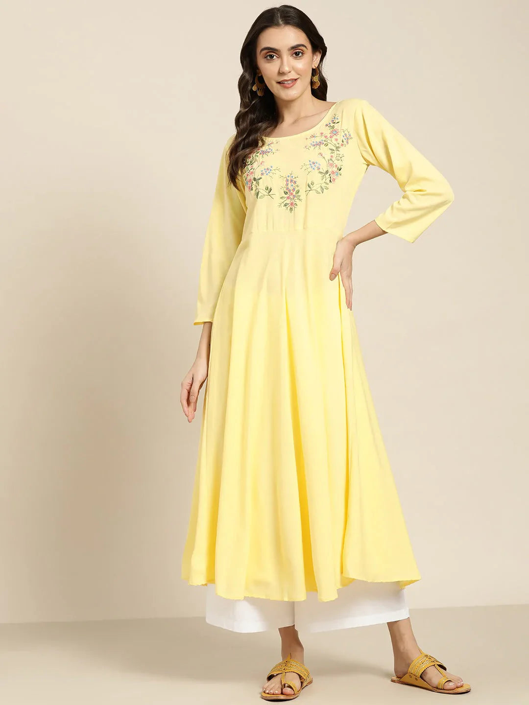 Jompers Women's Yellow & Green Floral Embroidered Georgette Anarkali Kurta - Distacart