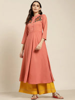 Thumbnail for Jompers Women's Rust Red & Green Floral Embroidered Georgette Anarkali Kurta - Distacart