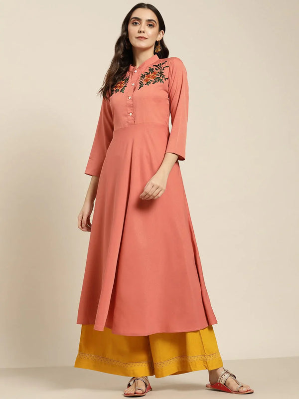 Jompers Women's Rust Red & Green Floral Embroidered Georgette Anarkali Kurta - Distacart