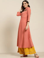 Thumbnail for Jompers Women's Rust Red & Green Floral Embroidered Georgette Anarkali Kurta - Distacart