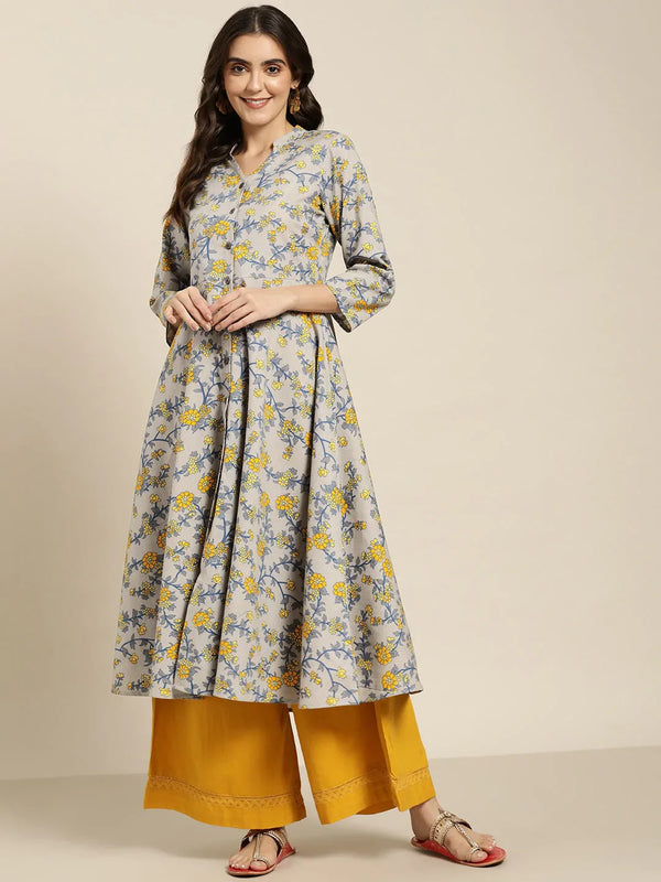 Jompers Women's Grey and yellow Printed Anarkali Kurta - Distacart