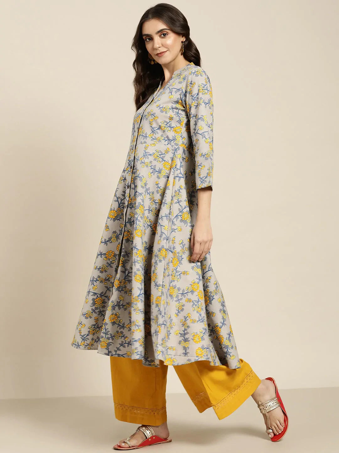 Jompers Women's Grey and yellow Printed Anarkali Kurta - Distacart