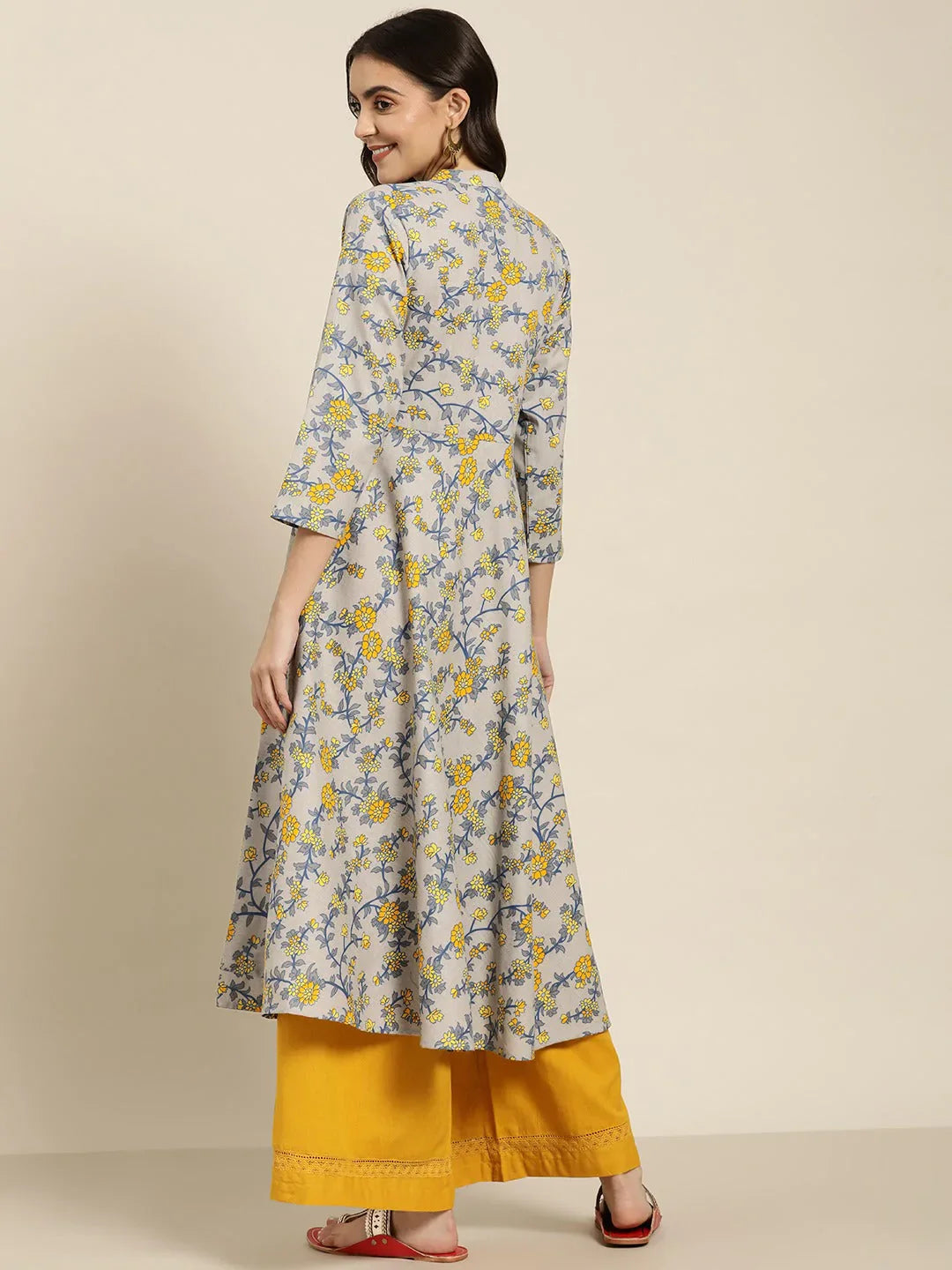 Jompers Women's Grey and yellow Printed Anarkali Kurta - Distacart