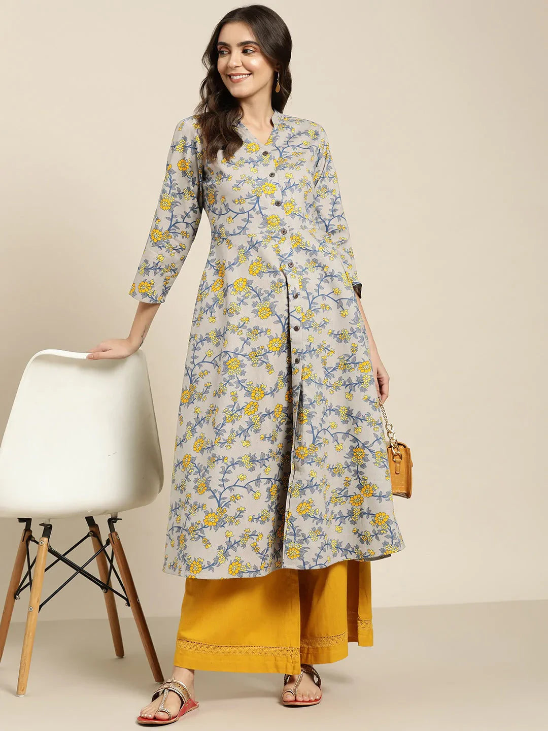 Jompers Women's Grey and yellow Printed Anarkali Kurta - Distacart