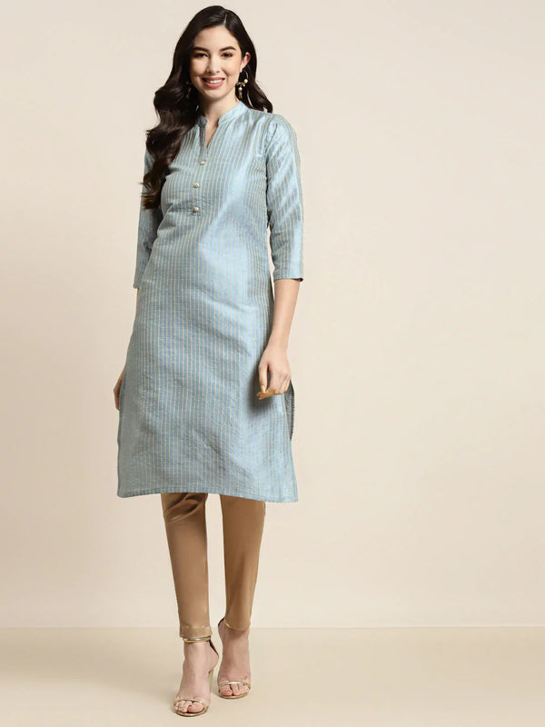 Jompers Women's Grey Striped Thread Work Kurta - Distacart