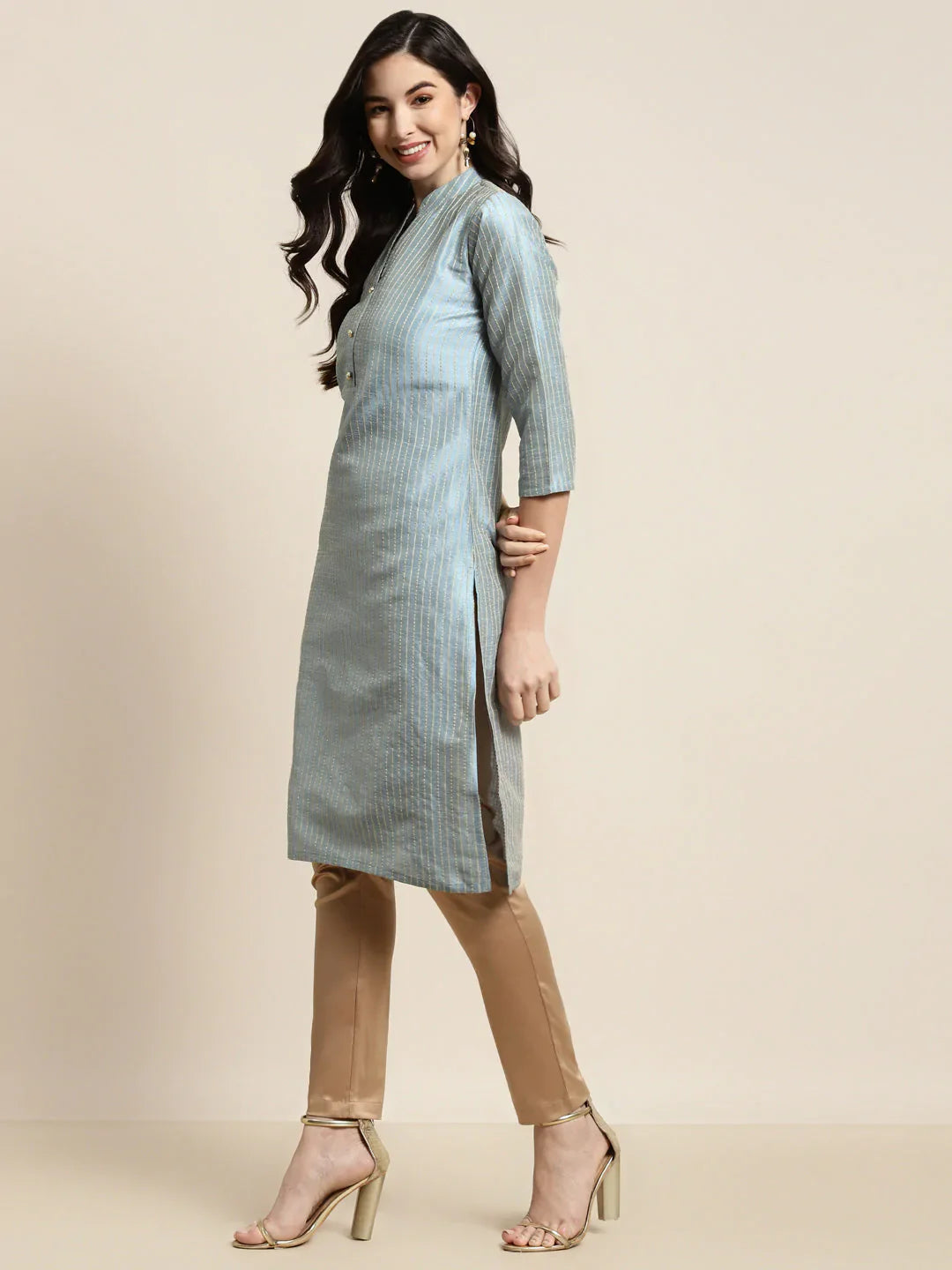Jompers Women's Grey Striped Thread Work Kurta - Distacart