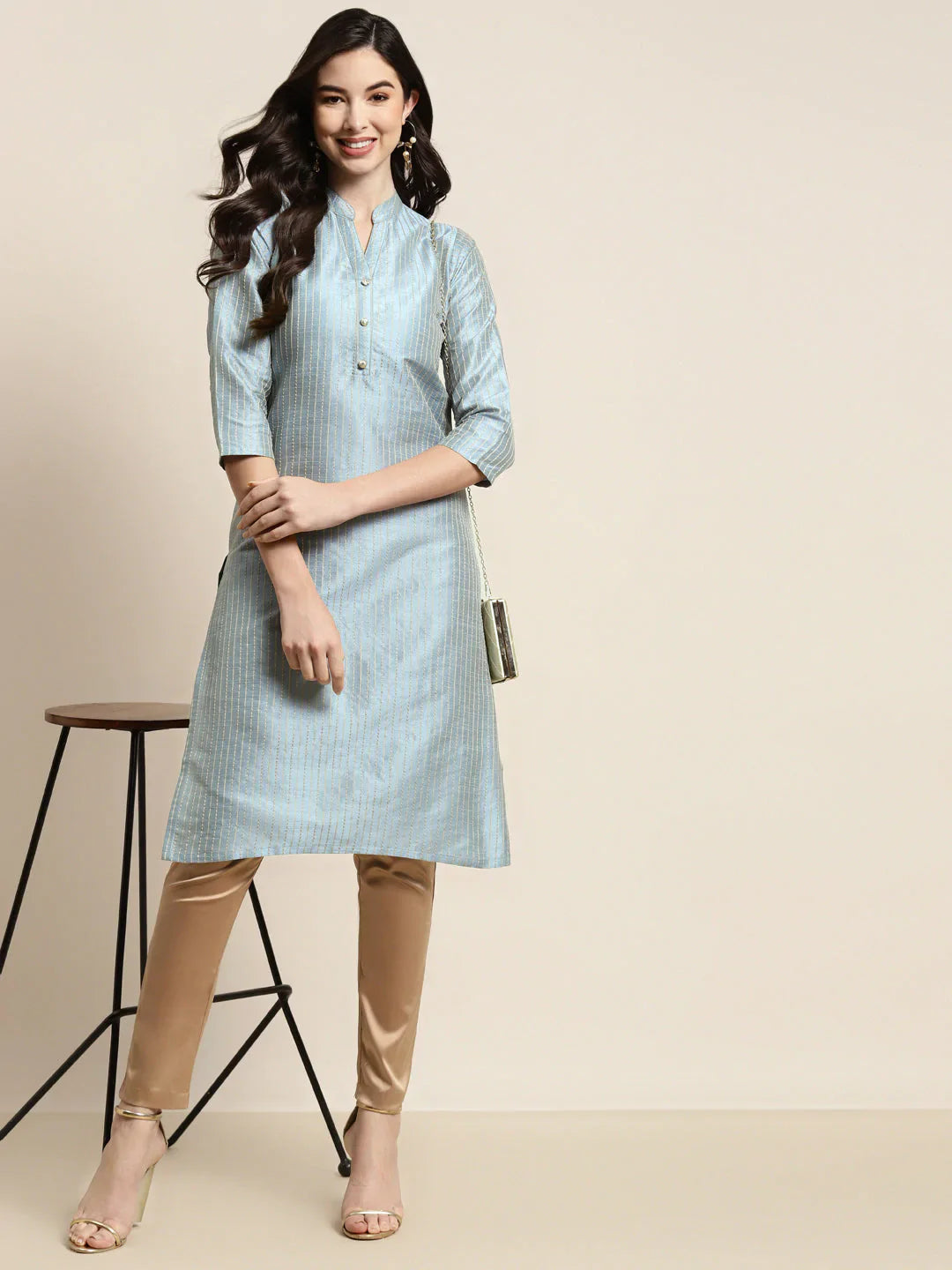 Jompers Women's Grey Striped Thread Work Kurta - Distacart